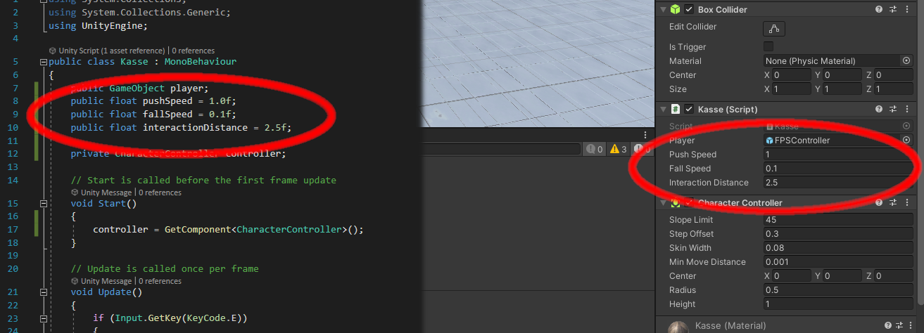 Public felter i klassen Kasse kan ses som parametre på komponenten i Unity.