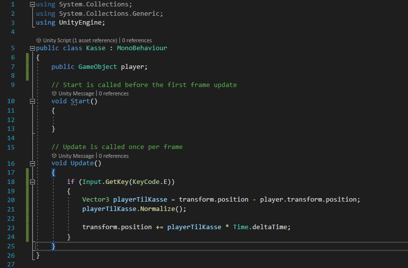 Koden til Kasse.cs i Visual Studio, som den ser ud nu.